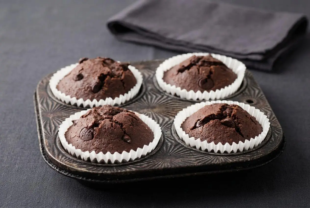 Tender baked keto chocolate muffins topped with melted sugar-free chocolate chips.