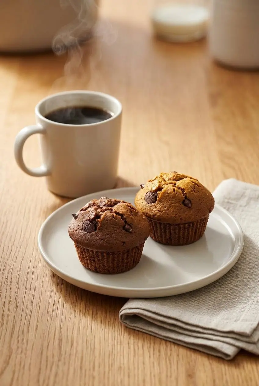 Two keto chocolate muffins served on a ceramic plate beside a steaming mug of black coffee.