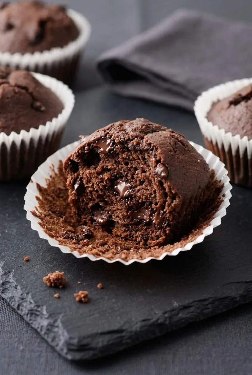 Torn keto chocolate muffin showing a moist, tender interior crumb and melted chocolate chips.