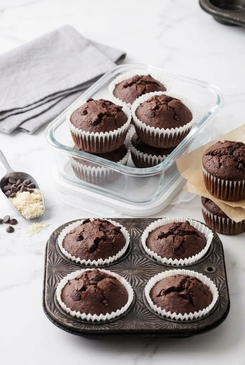 Keto chocolate muffins arranged in a parchment-lined glass storage container for meal prep.