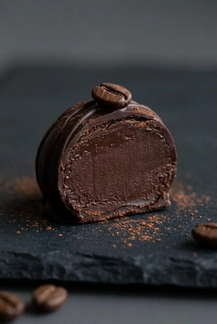 Cross section of a keto chocolate truffle showing the dense, creamy ganache interior and crisp outer shell.