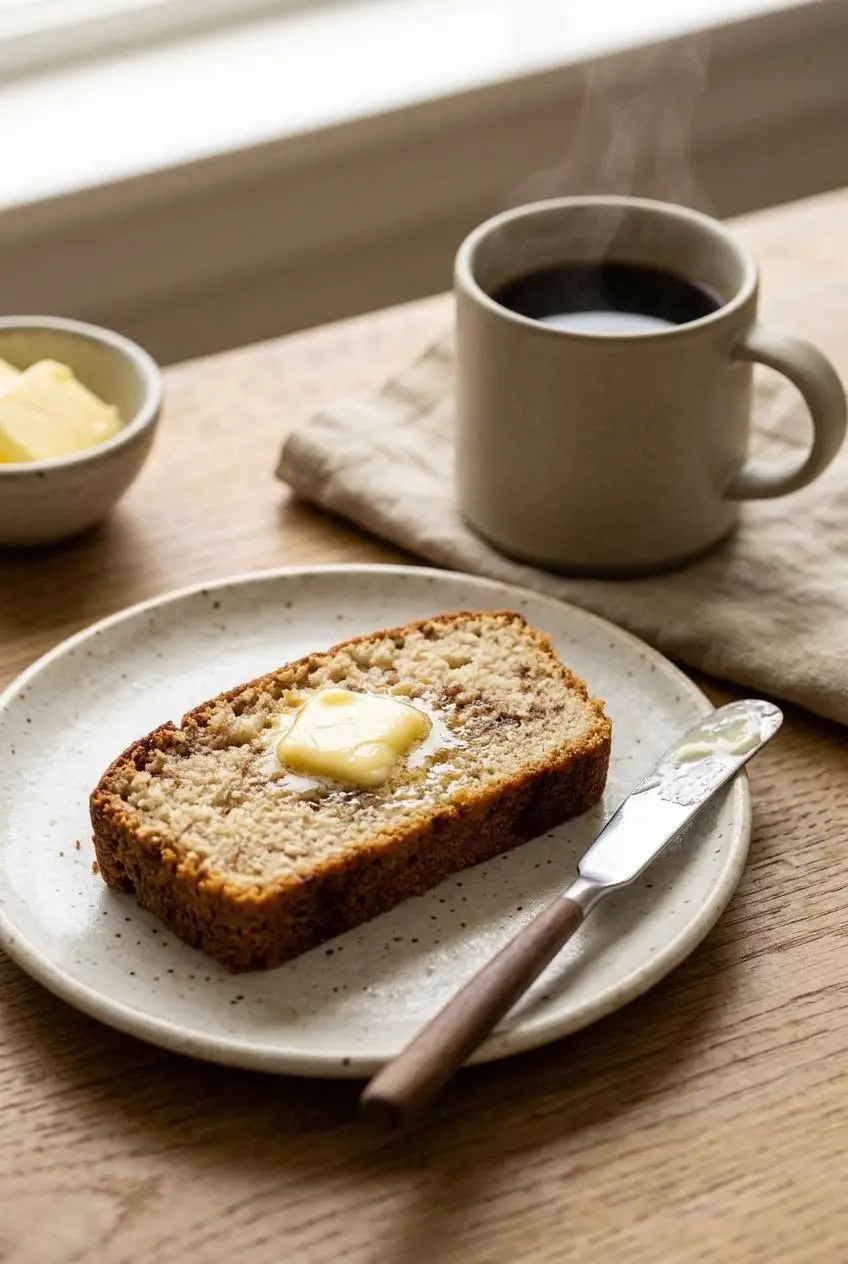 Toasted slice of keto cinnamon bread topped with melting salted butter on a plate beside black coffee.