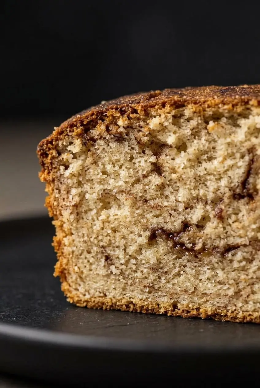 Close up of a thick slice of keto cinnamon bread showing the delicate almond flour crumb and dark spice ribbon.