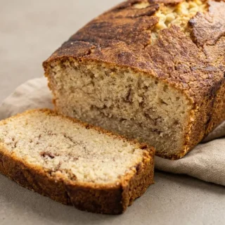 Baked keto cinnamon bread loaf sliced to reveal a fragrant spiced swirl and golden crust.