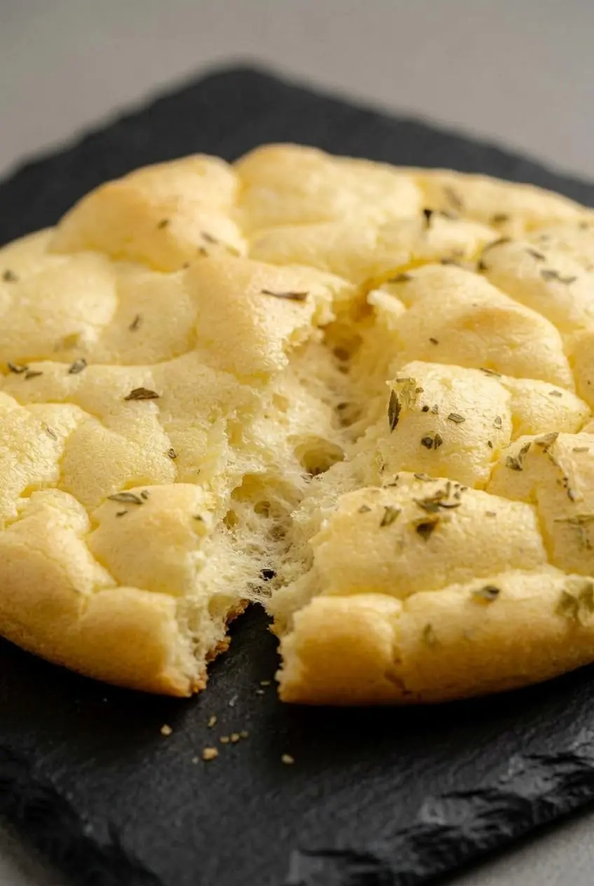 Torn keto cloud bread round showing an airy, pillowy interior crumb with herb flecks.