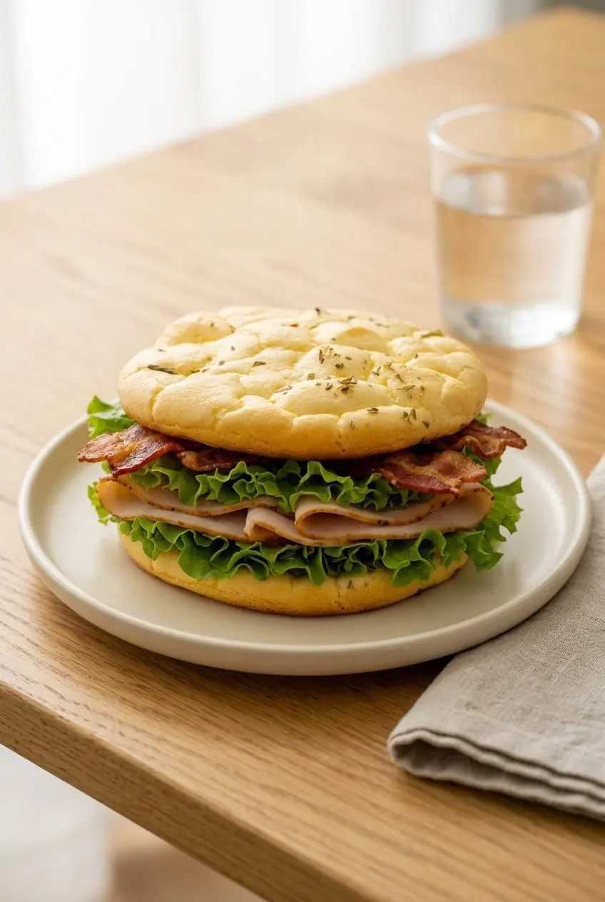 Low-carb turkey, bacon, and lettuce sandwich served on golden keto cloud bread rounds.