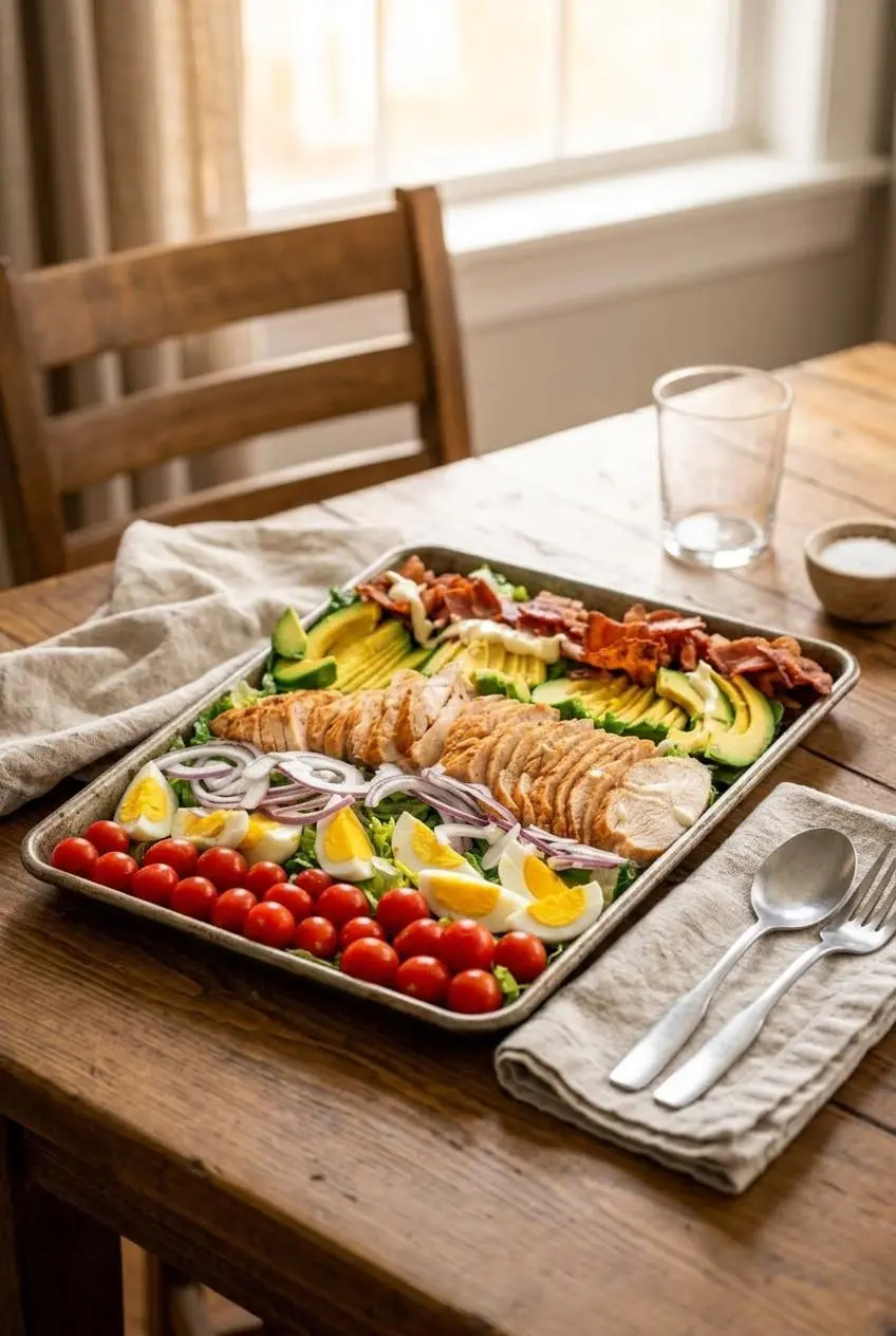 Loaded keto cobb salad served on a rimmed baking sheet on a rustic wooden dining table with a fork.