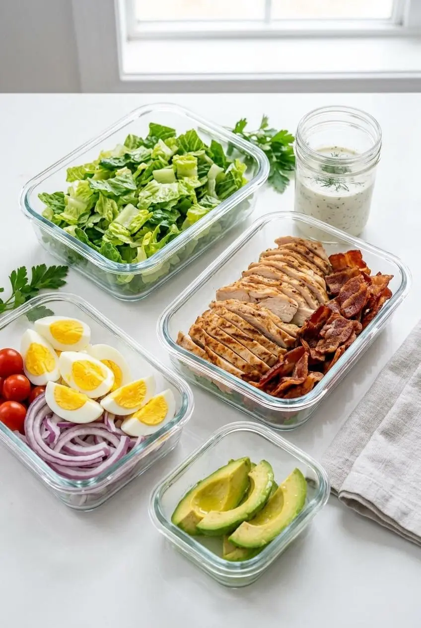 Glass meal prep containers holding chopped romaine, cooked chicken, bacon, and egg quarters separately.