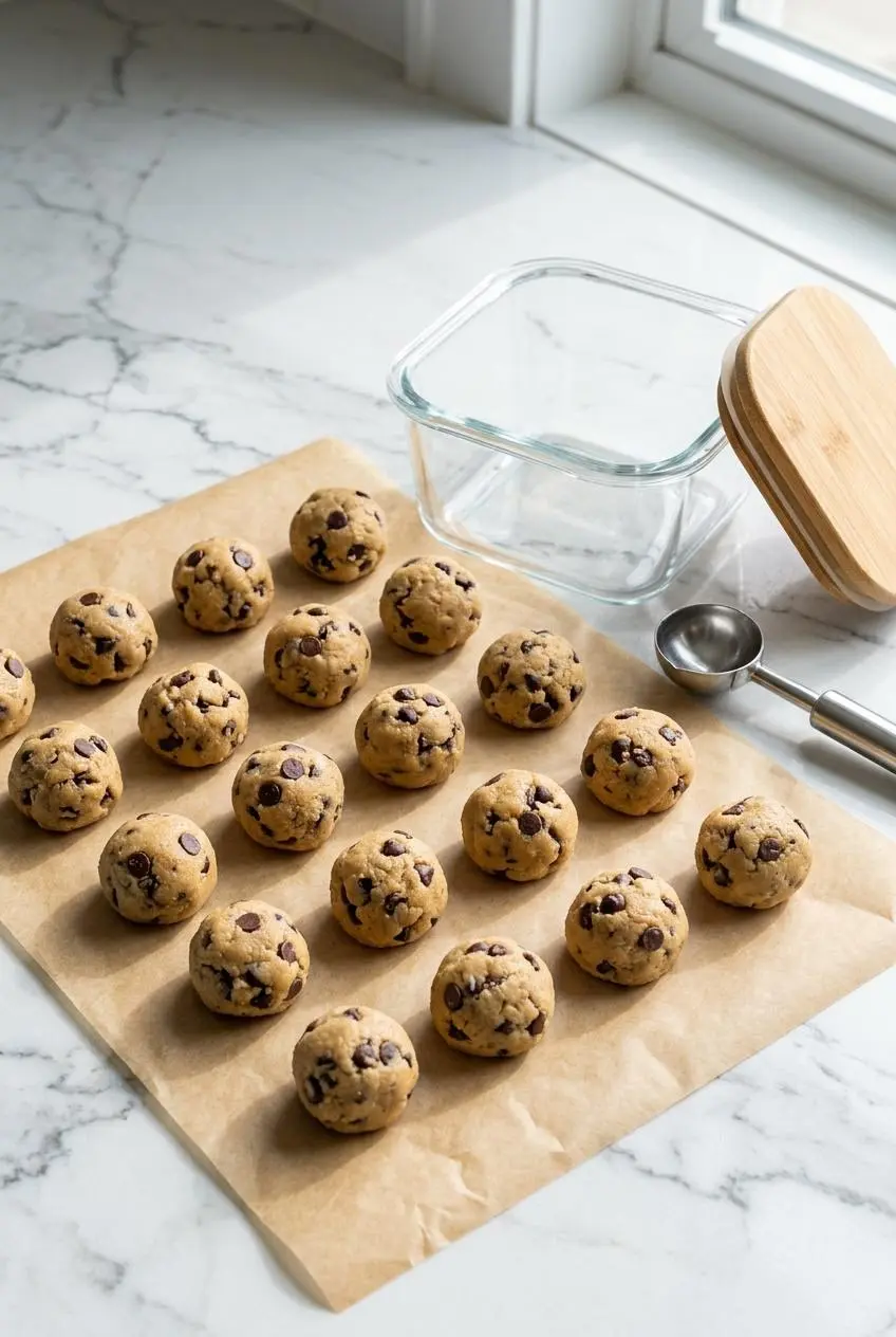 Portion-sized keto cookie dough balls arranged on parchment paper beside an airtight glass storage container.