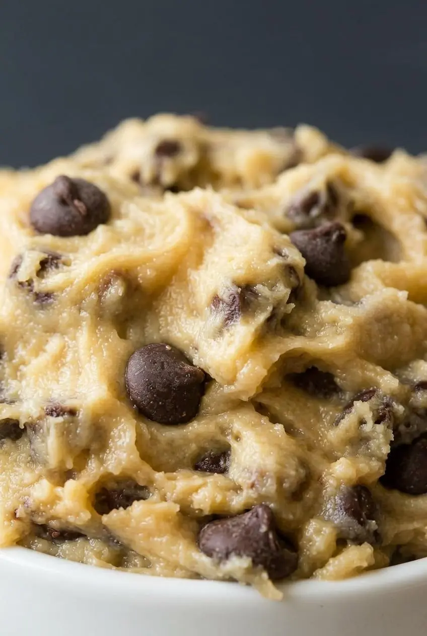 Close-up texture of mixed keto cookie dough showing glossy, creamy almond flour emulsion with chocolate chips.