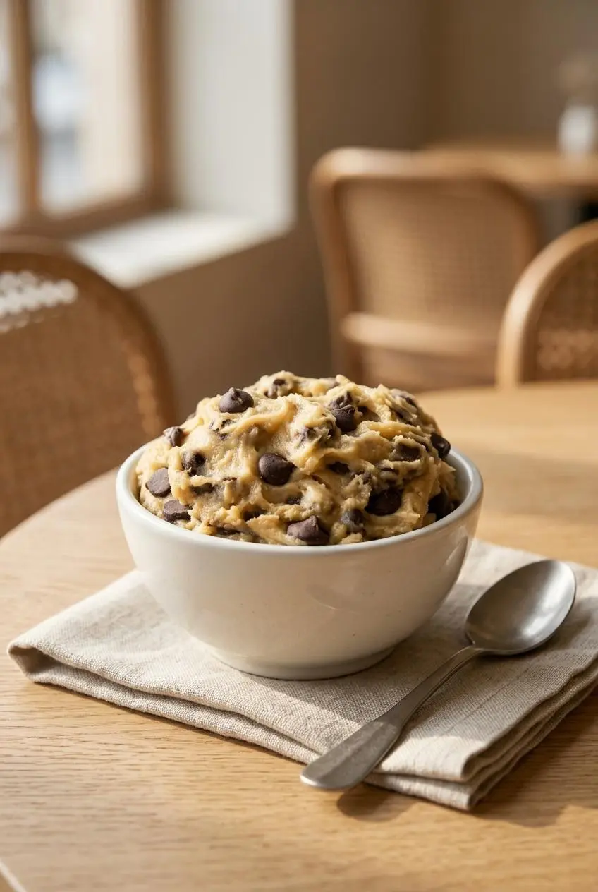 Edible keto cookie dough served in a small ceramic bowl on a light oak table with a dessert spoon.