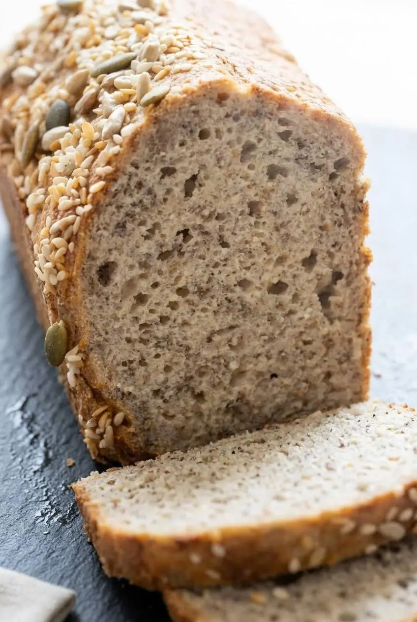 Close-up of sliced cottage cheese bread showing a soft, aerated, non-gummy crumb topped with sunflower and chia seeds.