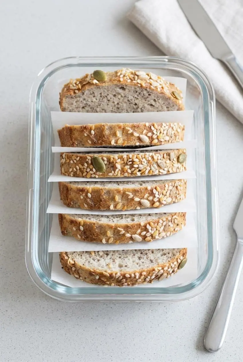 Pre-sliced keto cottage cheese bread stacked with parchment paper sheets inside an airtight glass storage container.