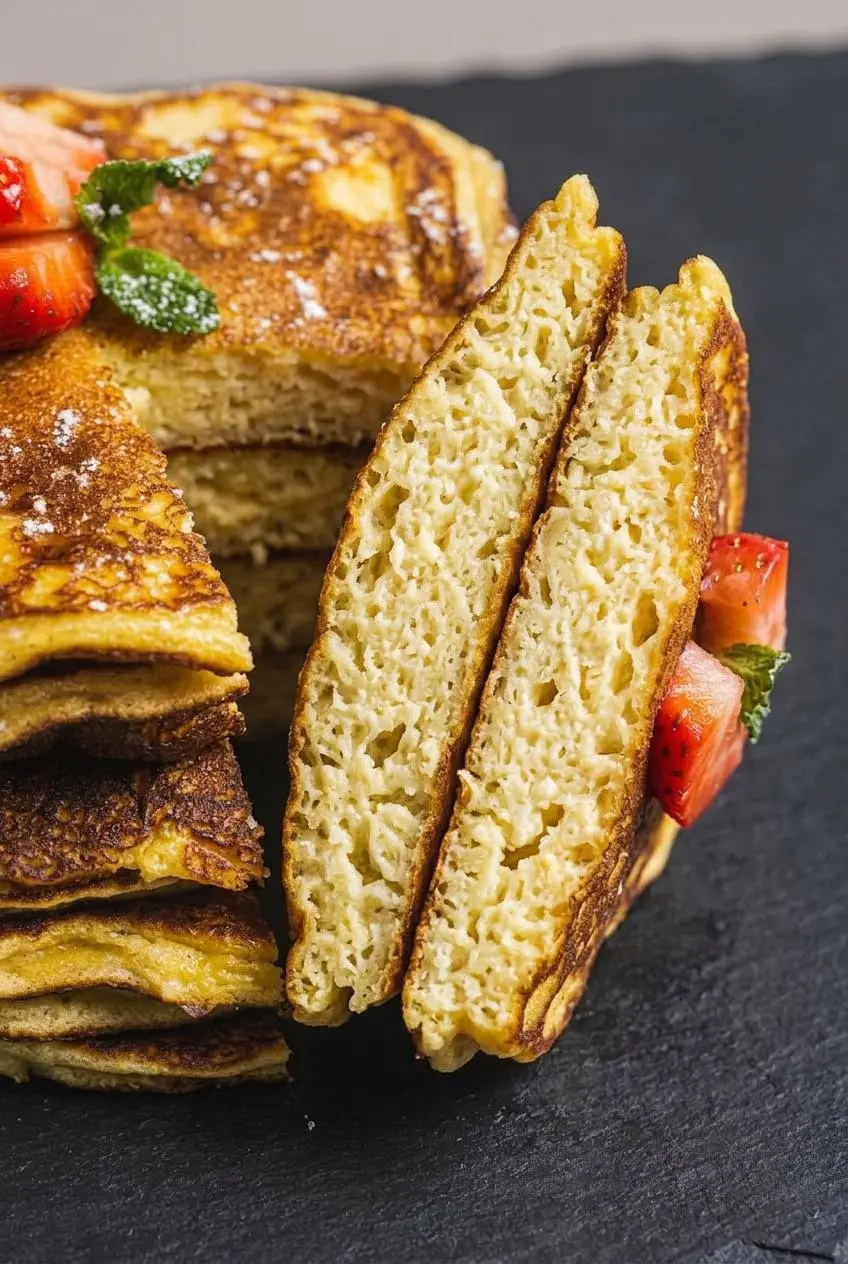 Cross section of a keto cottage cheese pancake showing an airy, porous crumb with no curds.