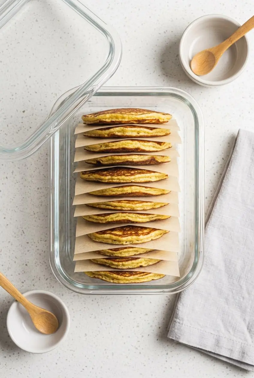 Cooked keto cottage cheese pancakes layered with parchment paper in a glass storage container.