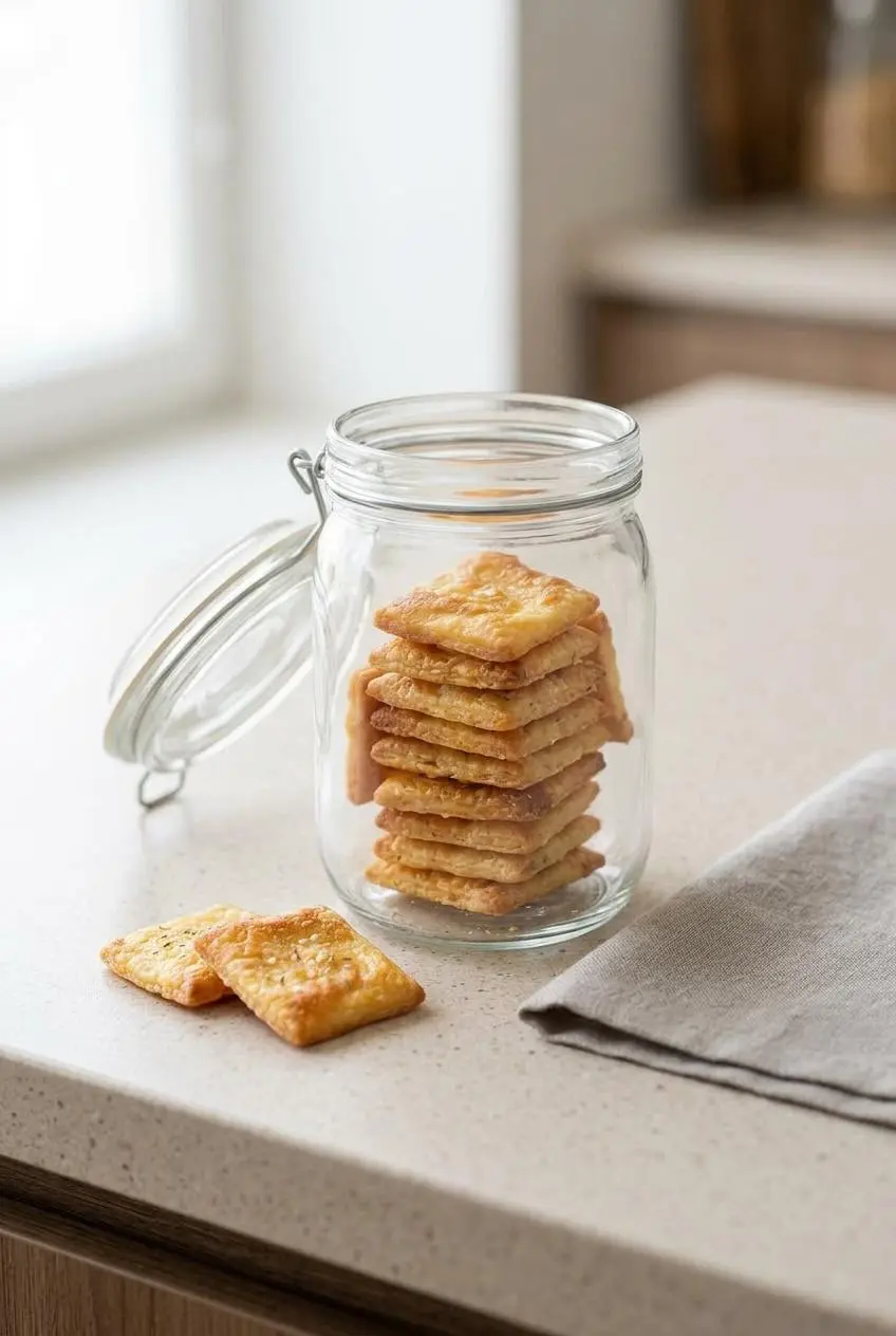 Cooled keto crackers neatly stacked inside an airtight glass storage jar on a counter.