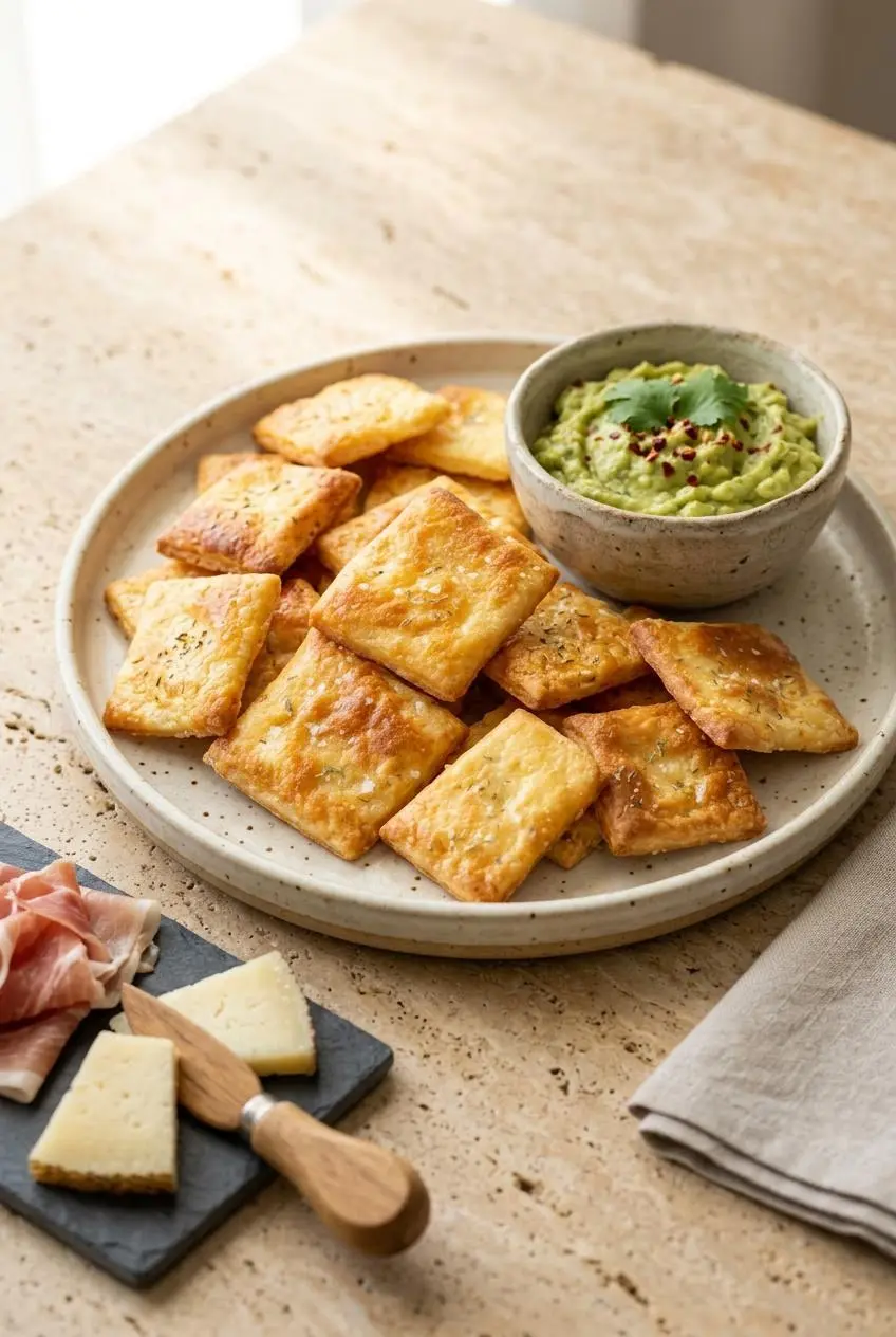 Keto crackers served on a platter alongside fresh guacamole and charcuterie slices.