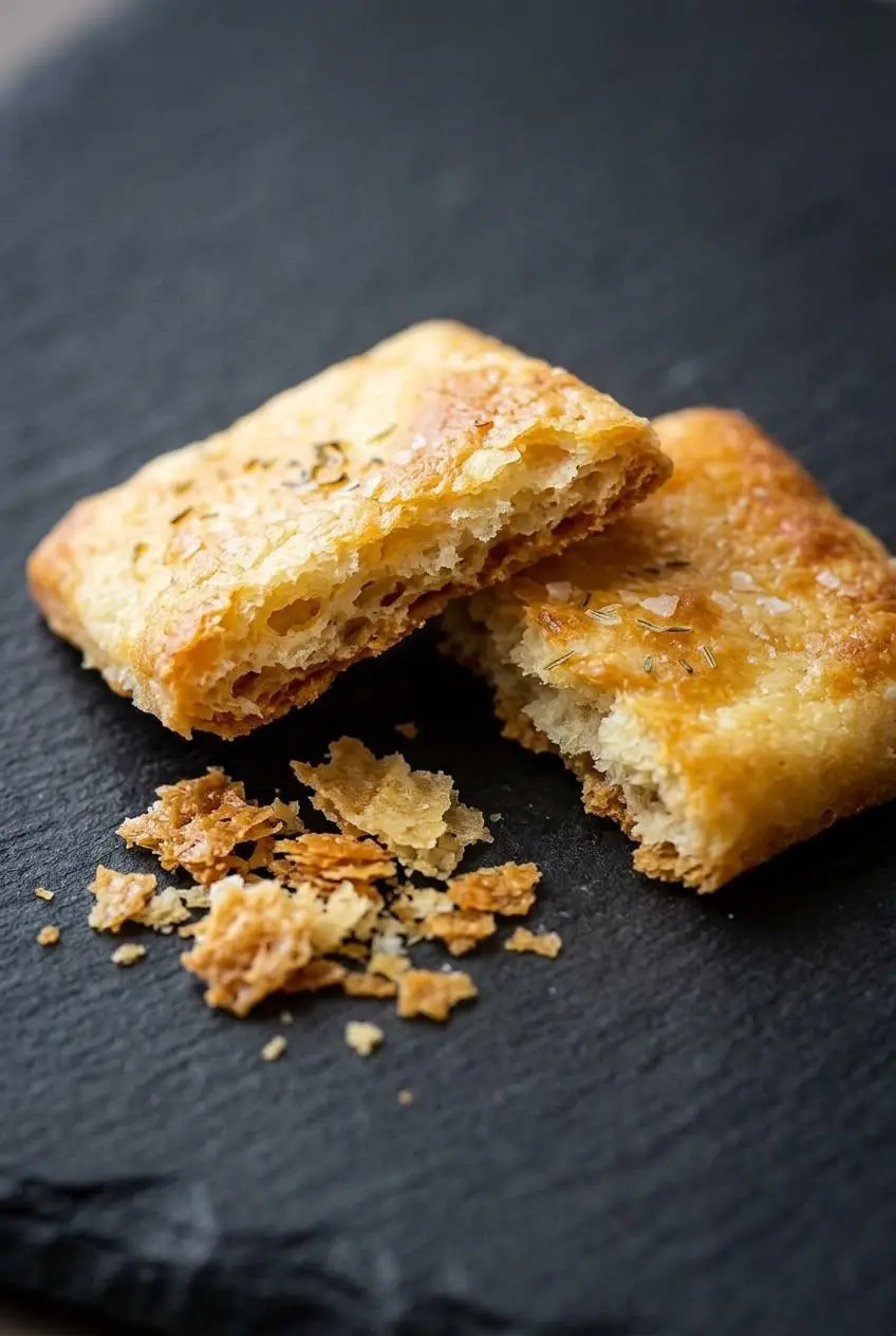 Close-up of a golden keto cracker snapped in half showing a dry, delicate interior crumb.