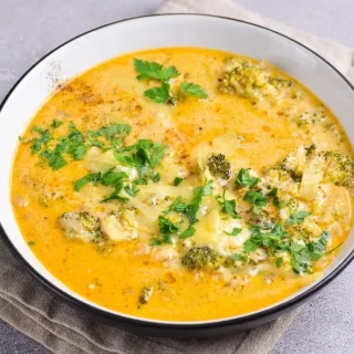 A bowl of rich and creamy keto cream of broccoli soup topped with freshly grated cheddar cheese and chopped parsley.