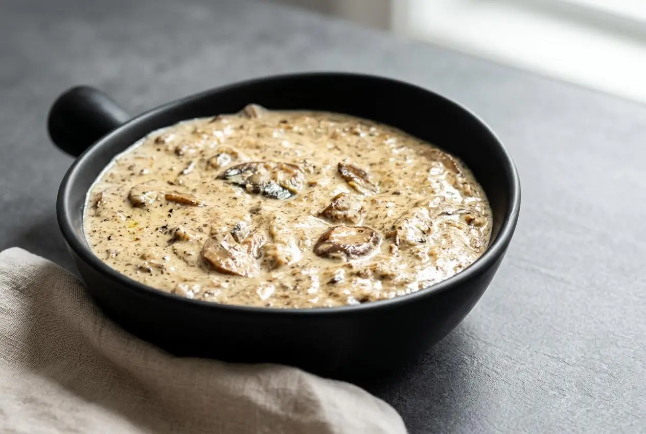 Rich, velvety keto cream of mushroom soup showing a glossy, cream-emulsified texture with finely diced mushrooms.