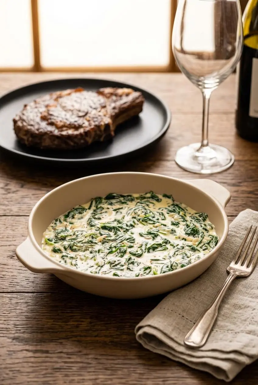 Finished keto creamed spinach in a white dish on a wooden table, with a grilled steakhouse ribeye in the background.