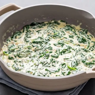 Rich and velvety keto creamed spinach served warm in a ceramic dish, showing a glossy cream and parmesan sauce.