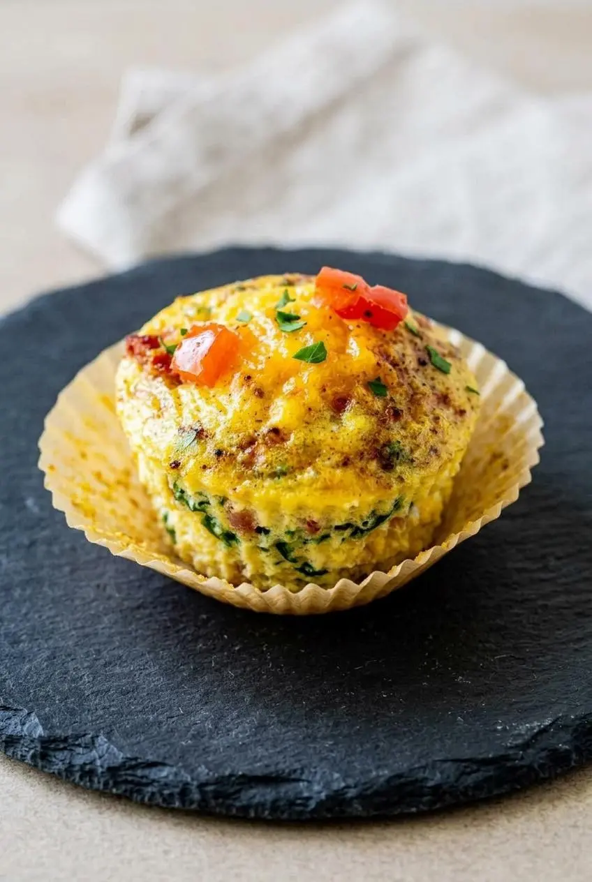 Cross section of a fluffy keto egg bite sliced in half showing a moist, custardy crumb with no watery pockets.