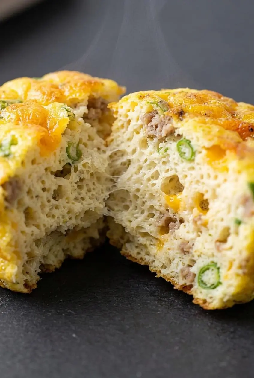 A fluffy egg muffin pulled apart to show the light, airy interior texture with sausage and melted cheese.