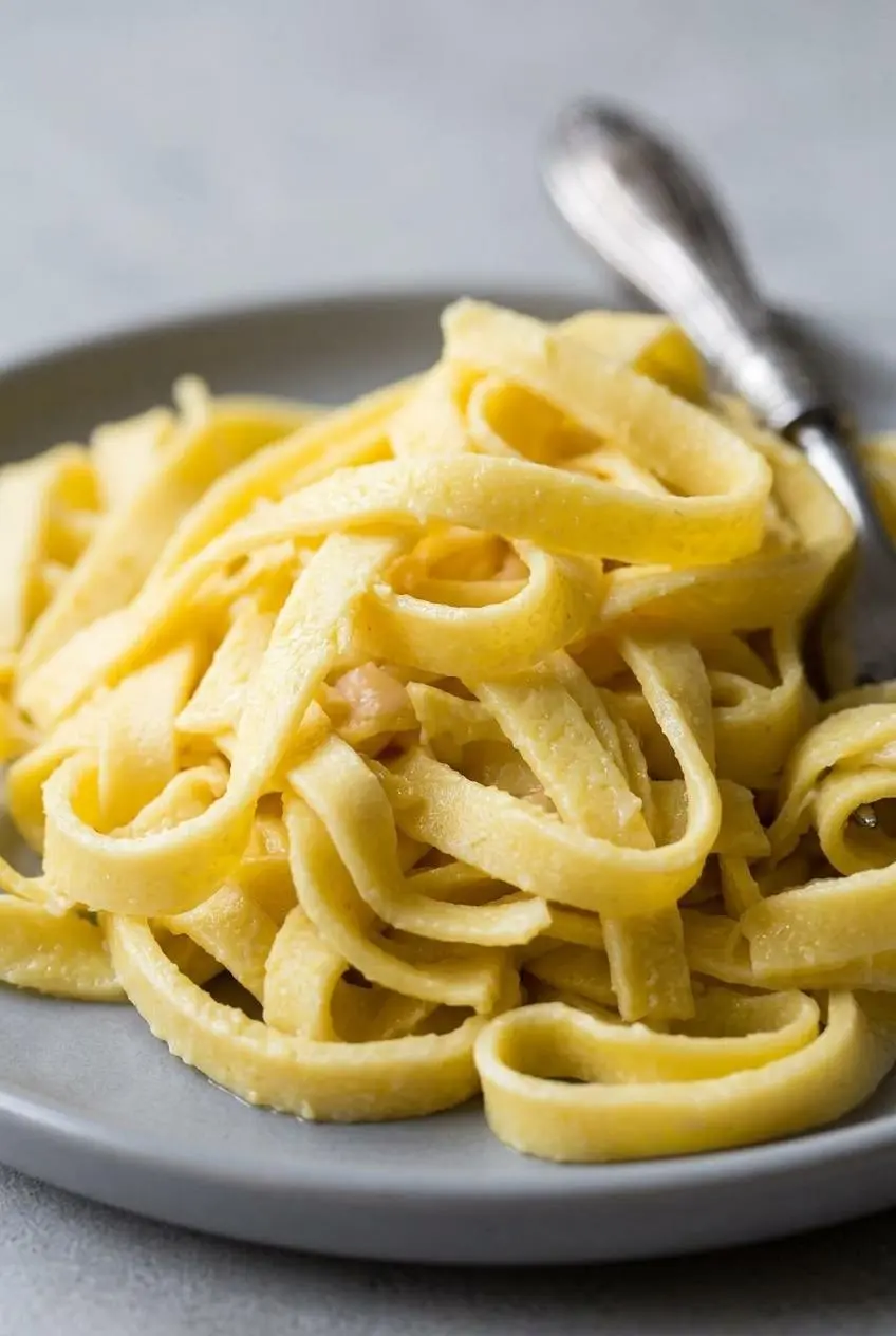 Close-up of sliced keto egg noodles showing soft, pliable, and moist cut edges on a gray plate.