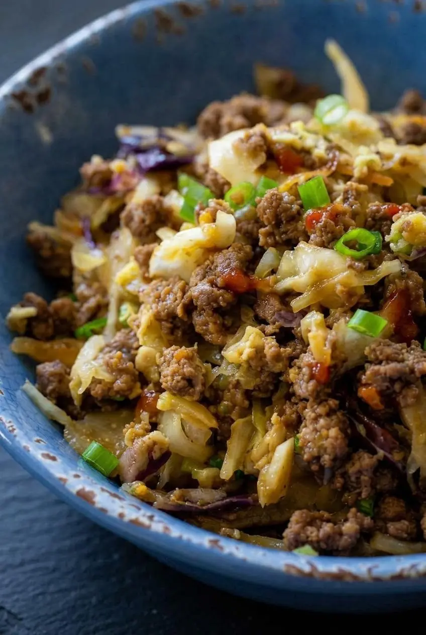 Macro close-up of glistening cabbage shreds and finely browned ground beef seasoned with soy sauce and ginger.