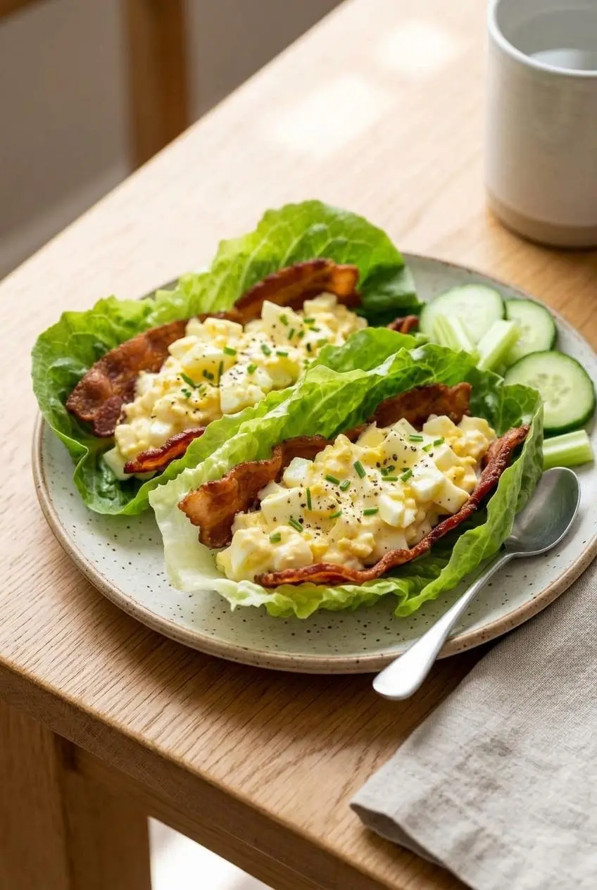 Three crisp green butter lettuce cups filled with creamy keto egg salad on a ceramic plate with celery sticks.