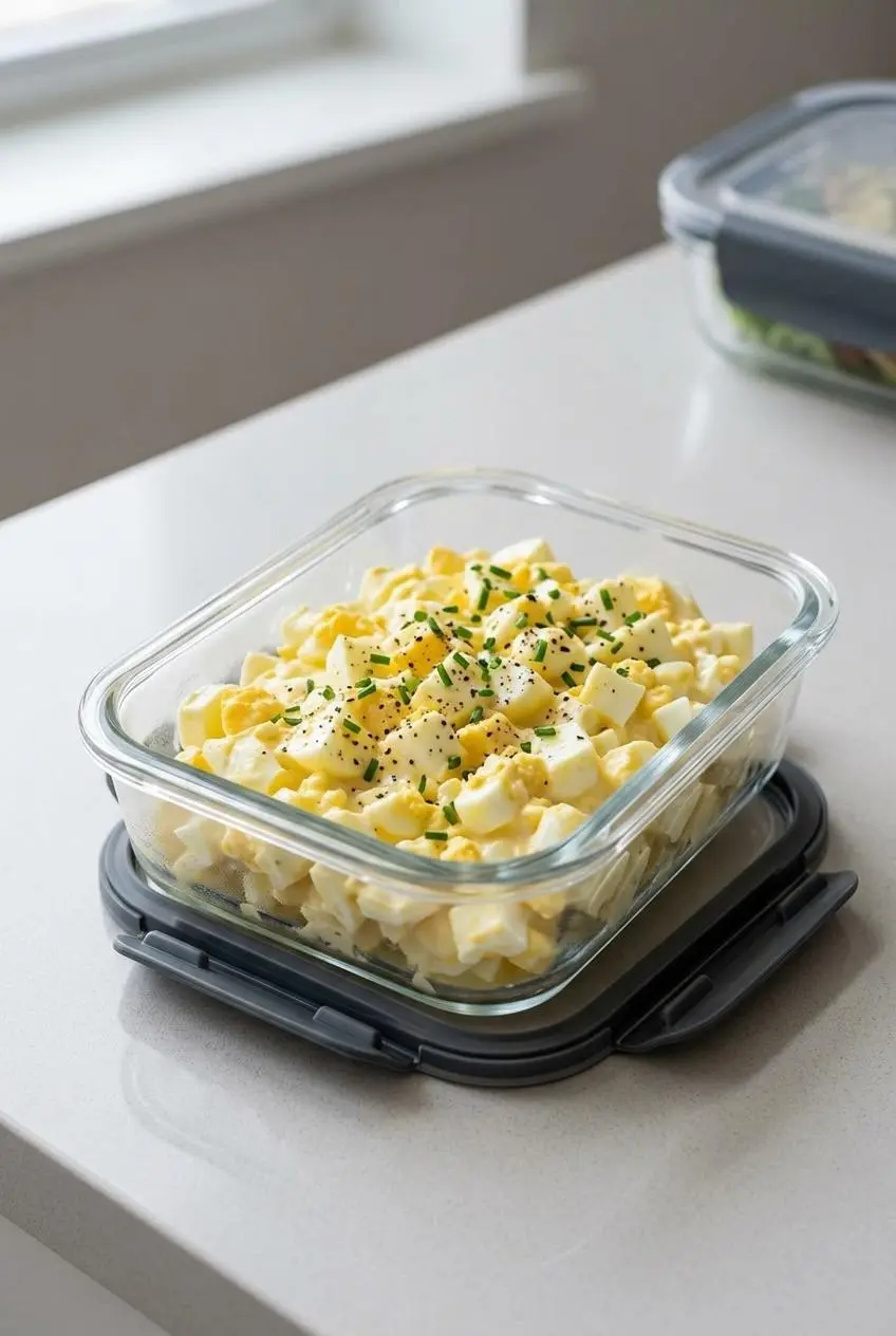 Creamy keto egg salad packed neatly in a clear glass storage container with a silicone lid on a kitchen counter.
