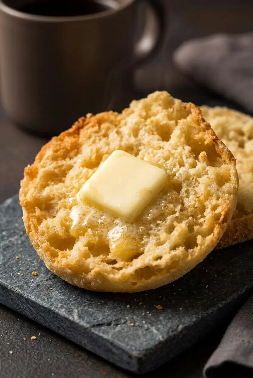 Close-up of a split keto English muffin showing toasted ridges, porous crumb, and melting butter.