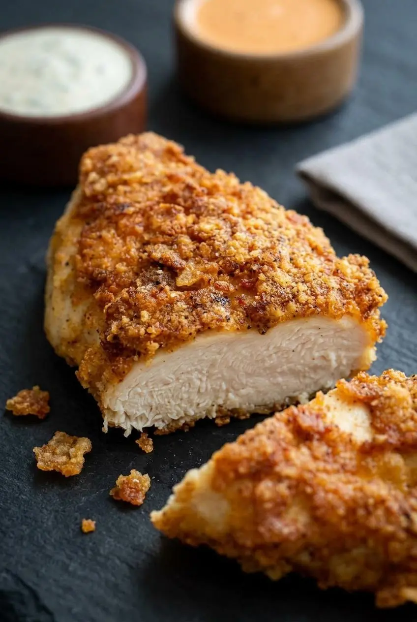 Close-up macro view of the crackly texture of keto fried chicken crust with crushed pork rinds and black pepper.