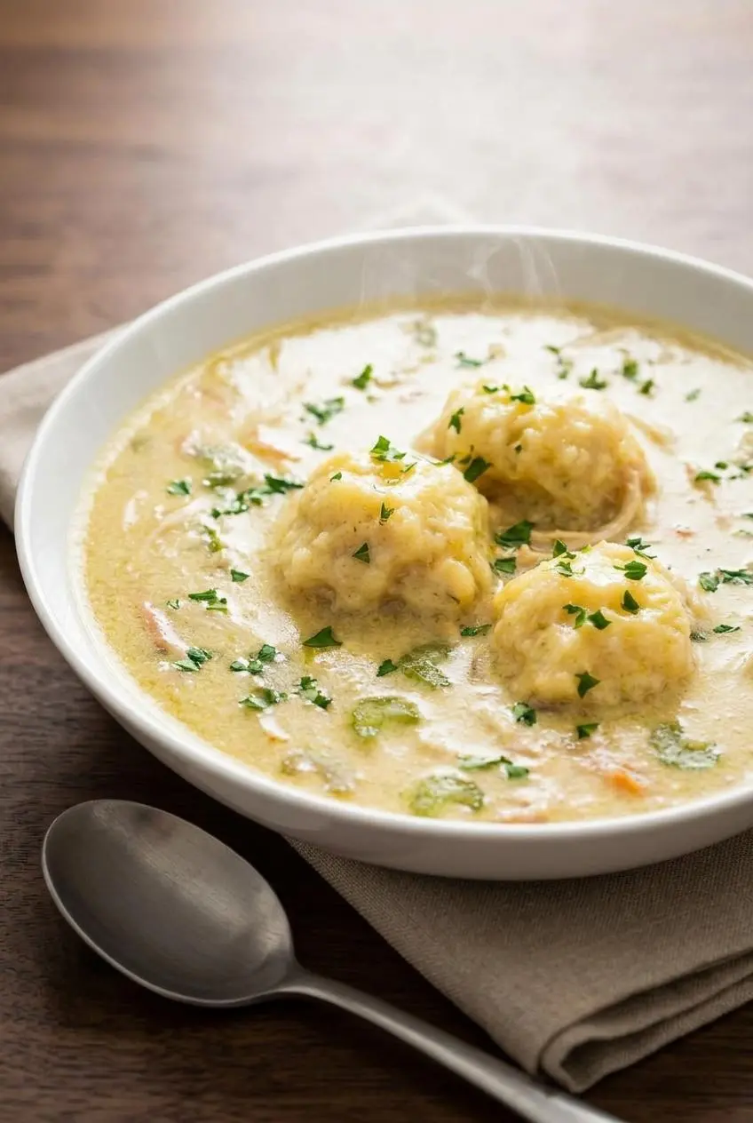 A comforting bowl of low carb chicken and dumplings served on a rustic dark oak wood dining table.