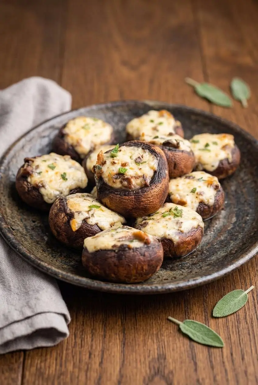 Freshly baked keto stuffed mushrooms arranged on a dark rustic ceramic plate on a dark oak wooden dining table.