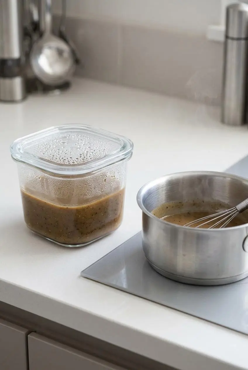 Keto gravy stored in an airtight glass container beside a saucepan on a countertop.