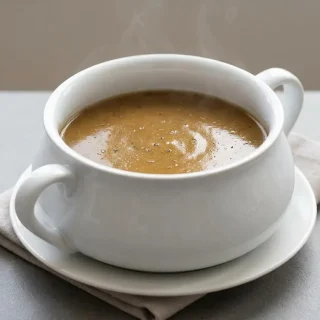 Rich, glossy keto gravy served in a ceramic bowl with poultry pan drippings.