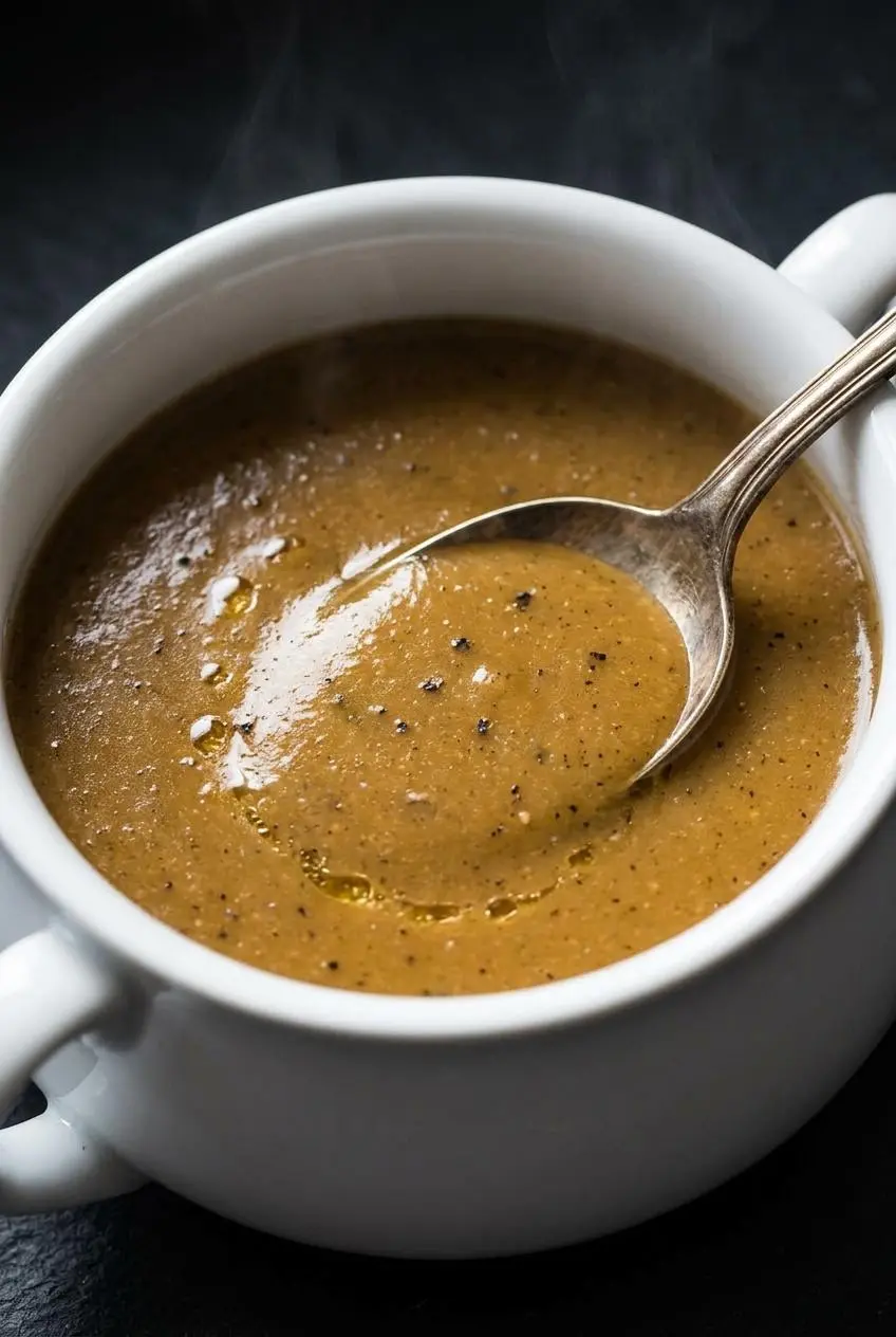 Spoon coated in velvety keto gravy showing smooth nappé consistency without lumps.