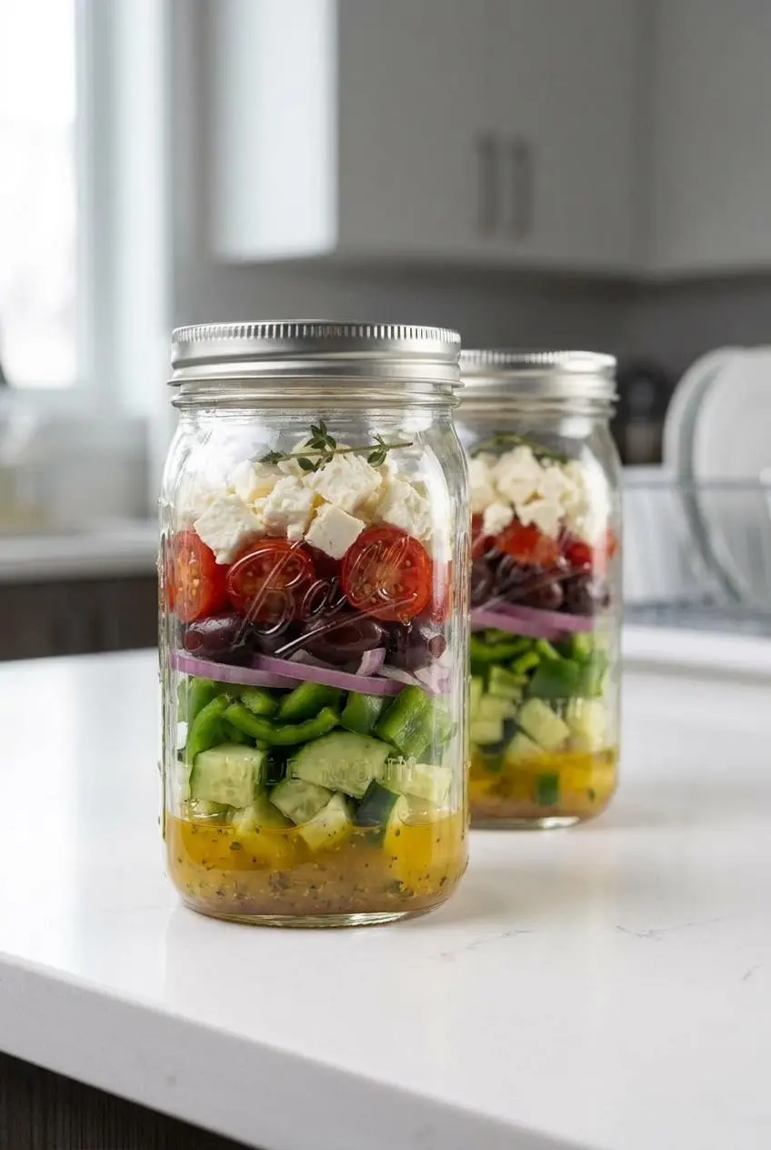 Glass mason jar layered with salad dressing on the bottom, chopped vegetables in the middle, and feta on top.