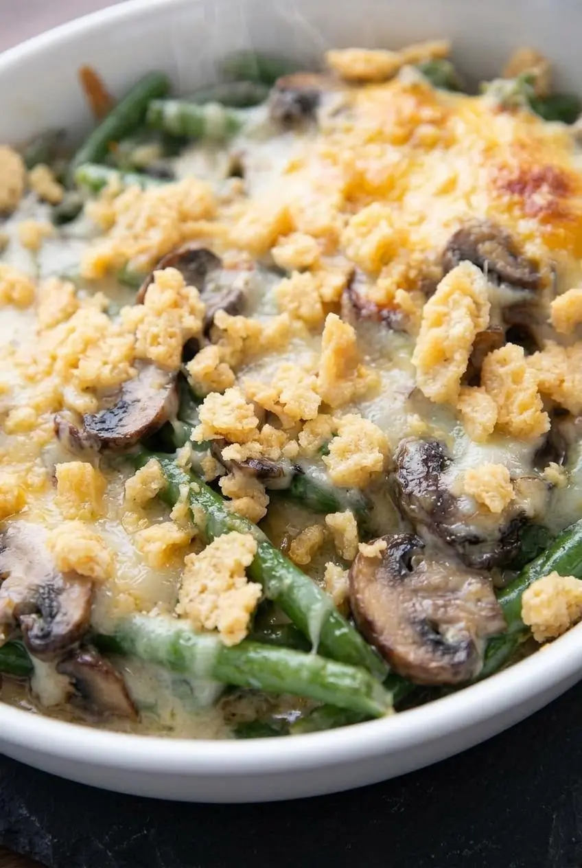 Close-up of rich cream sauce clinging to vibrant green beans and sautéed crimini mushrooms with a bubbly cheese crust.