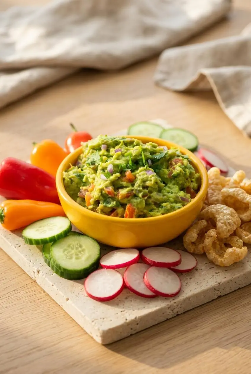 Keto guacamole surrounded by crunchy pork rinds, cucumber slices, radishes, and mini bell pepper halves.