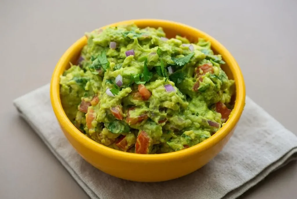 Keto guacamole recipe served in a rustic bowl with creamy avocado chunks, diced tomato, and fresh cilantro.