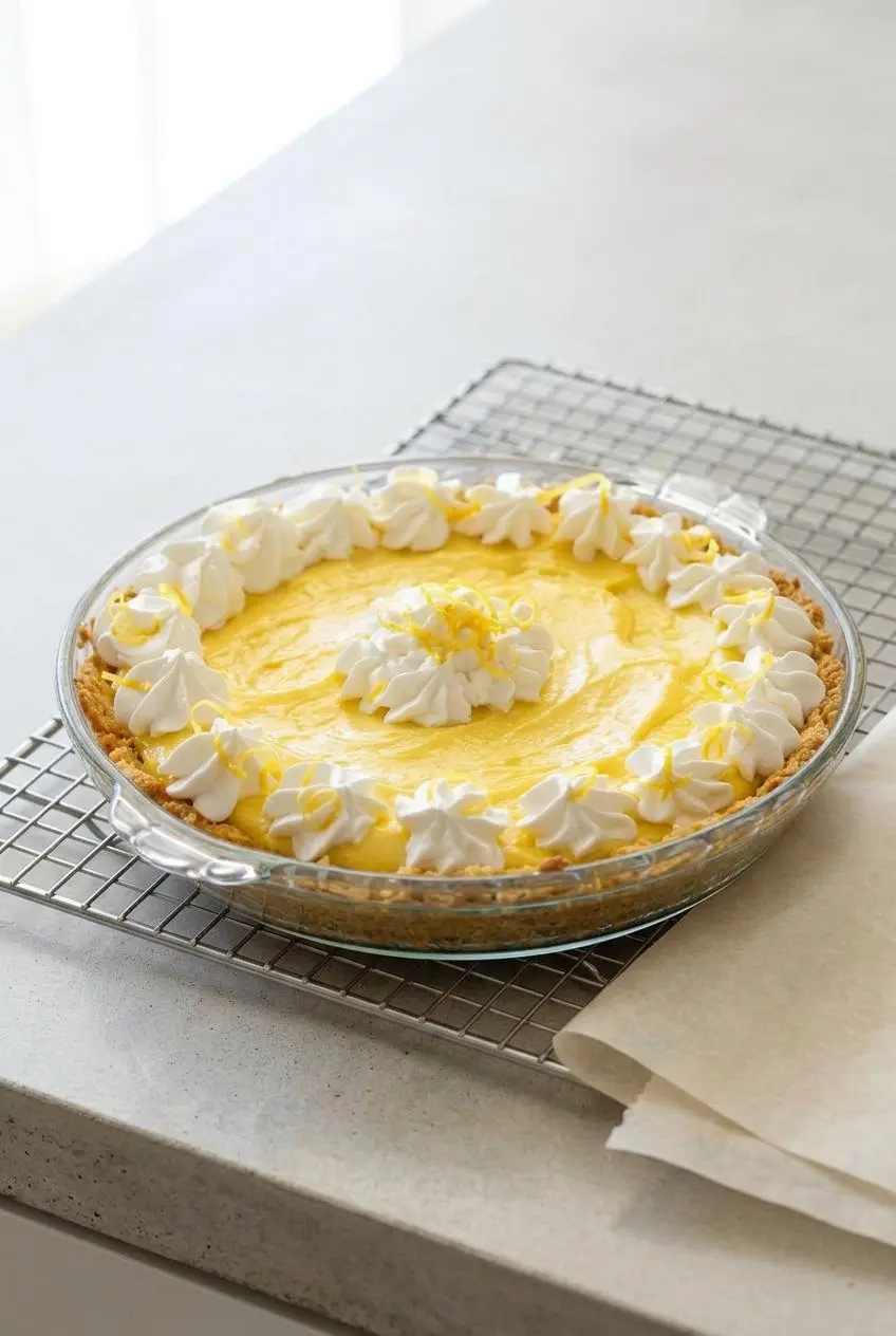 Chilled keto lemon pie resting on a wire rack on a concrete countertop, showcasing its firm, set filling.