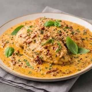 Skillet of keto marry me chicken in a silky garlic cream sauce with sun-dried tomatoes and fresh basil.