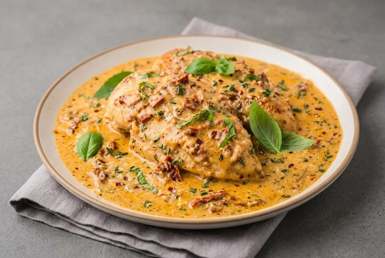 Skillet of keto marry me chicken in a silky garlic cream sauce with sun-dried tomatoes and fresh basil.