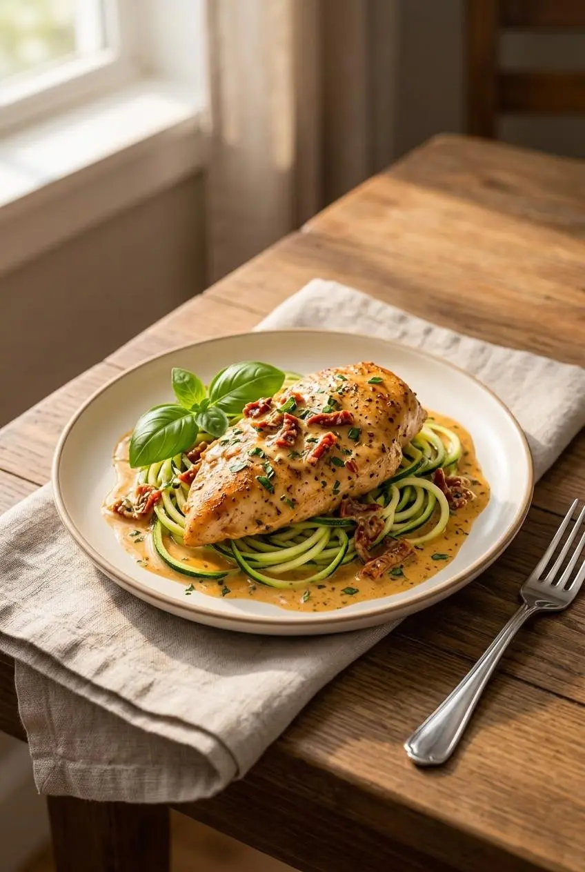 Seared chicken cutlet served over spiralized zucchini noodles on a plate with garlic cream sauce.