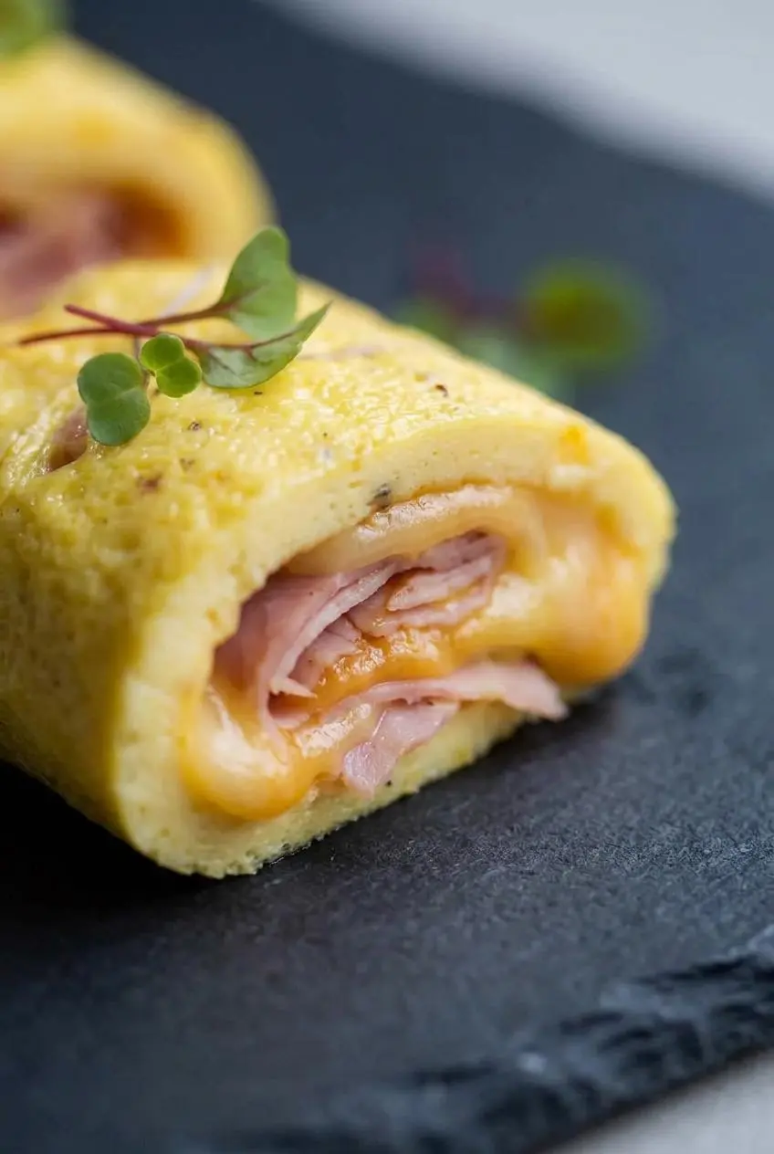 Macro close-up of a tender keto omelette pinwheel with melted Swiss cheese and layered shaved ham.