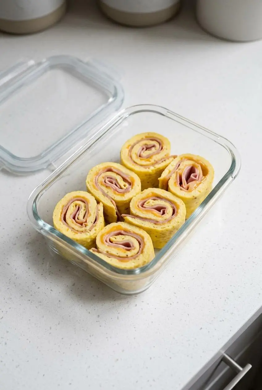 Chilled rolled keto omelette pinwheels neatly packed in a glass meal-prep storage container.