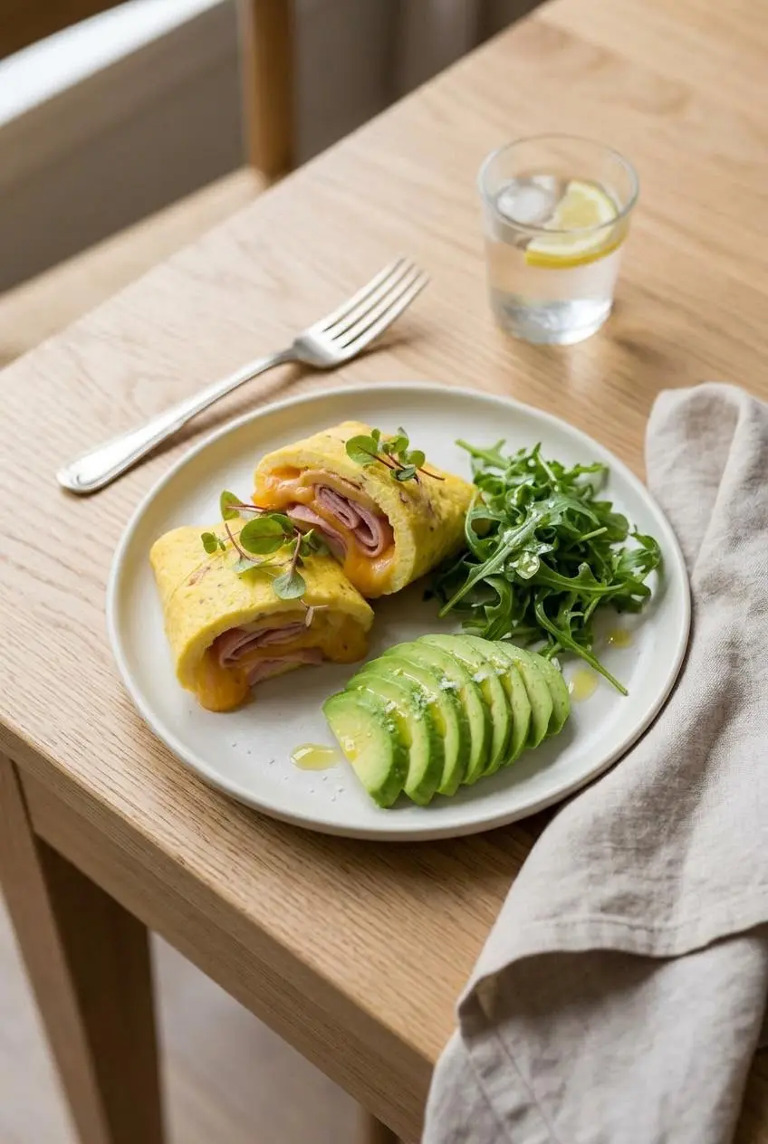 Rolled keto omelette slices served on a breakfast plate with fresh avocado slices and baby arugula.